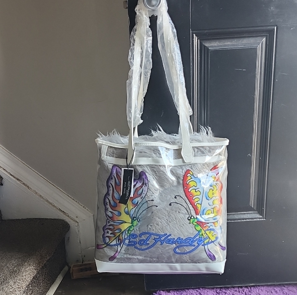 NWT Ed Hardy Clear Zipper Colorful Butterfly Tote